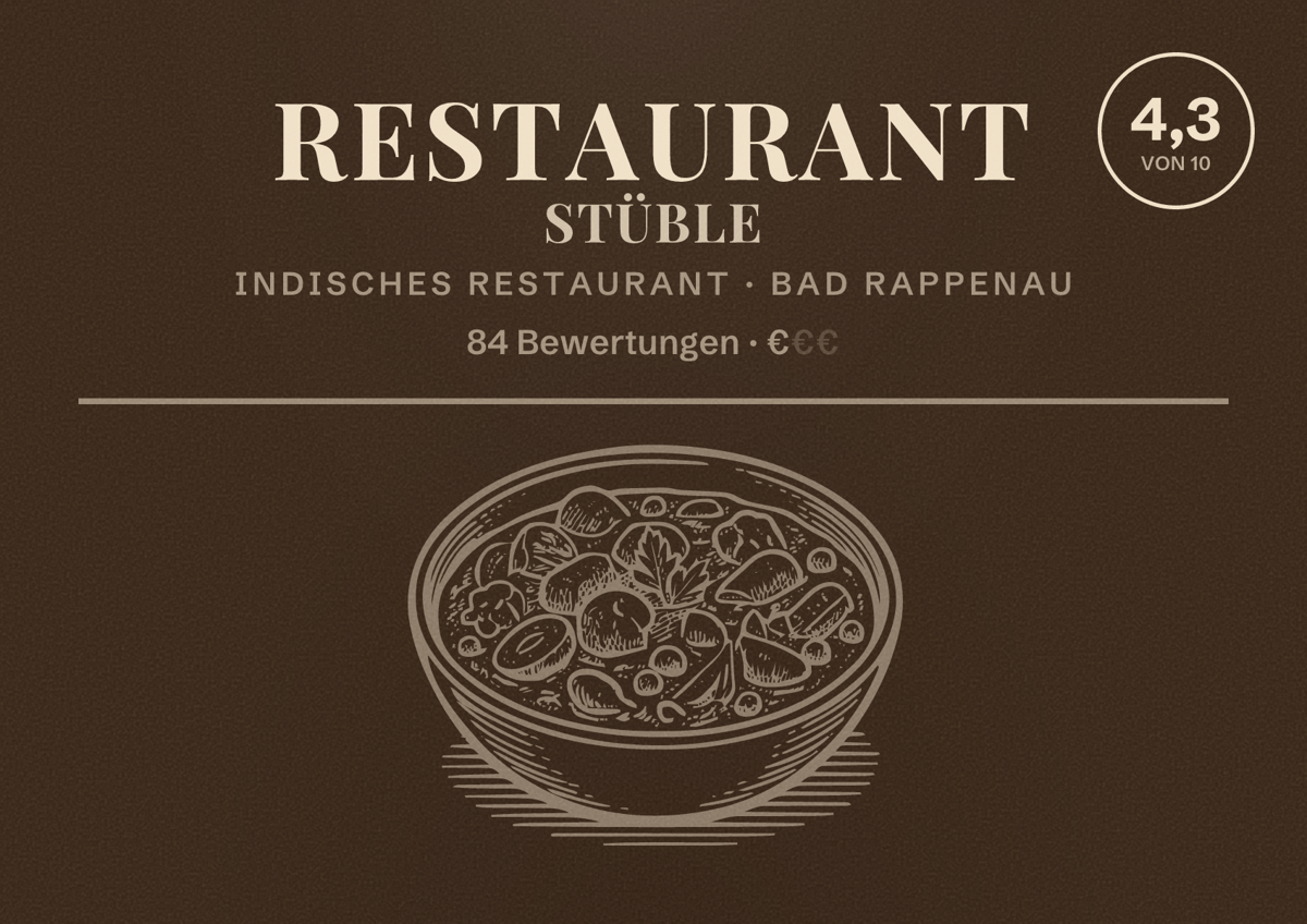 Illustriertes Poster von Restaurant Stüble, Indisches Restaurant in Bad Rappenau: Bewertung 4,3 von 10 aus 84 Bewertungen, Preisniveau €