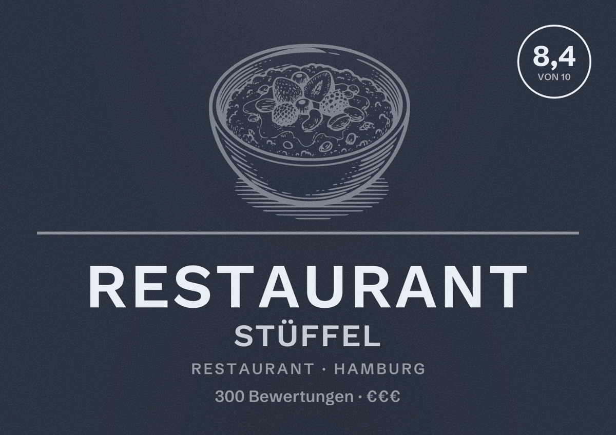 Illustriertes Poster von Restaurant Stüffel, Restaurant in Hamburg: Bewertung 8,4 von 10 aus 300 Bewertungen, Preisniveau €€€