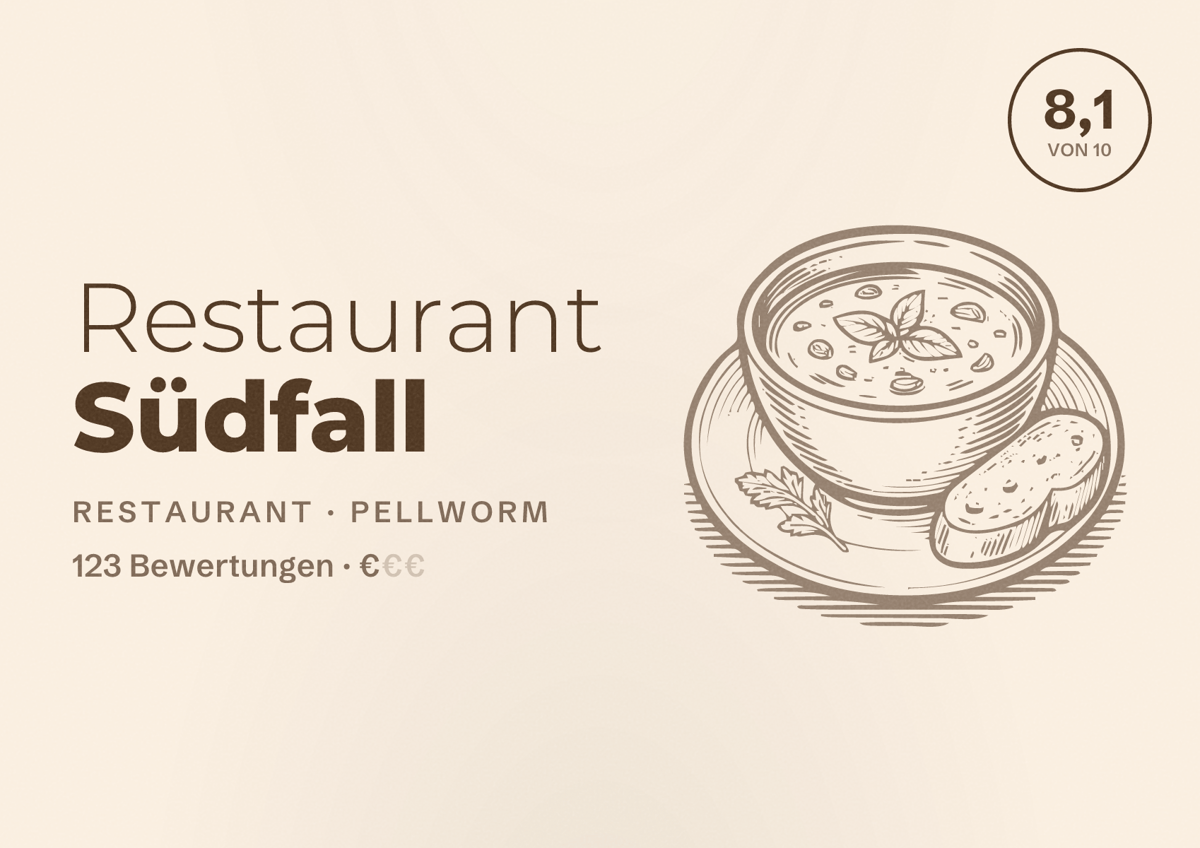 Illustriertes Poster von Restaurant Südfall, Restaurant in Pellworm: Bewertung 8,1 von 10 aus 123 Bewertungen, Preisniveau €
