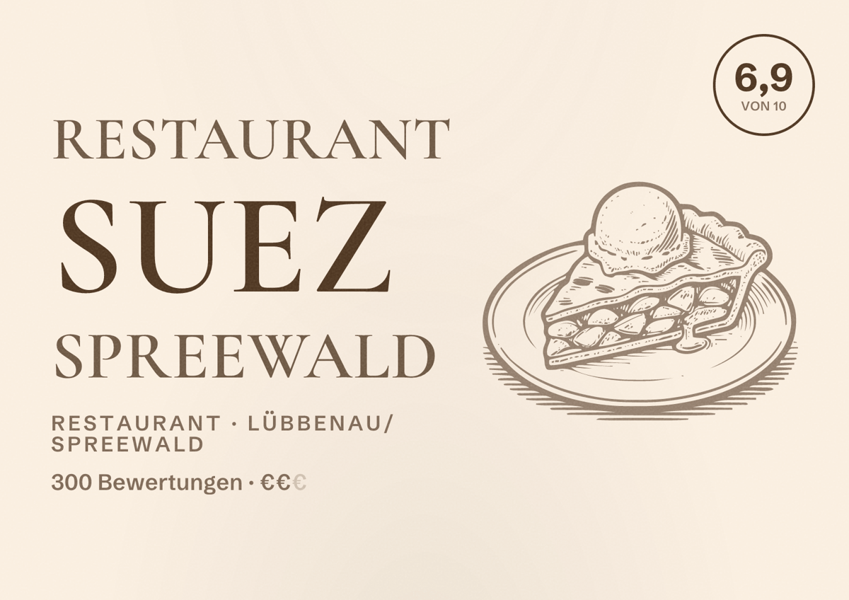 Illustriertes Poster von Restaurant Suez Spreewald, Restaurant in Lübbenau/Spreewald: Bewertung 6,9 von 10 aus 300 Bewertungen, Preisniveau €€