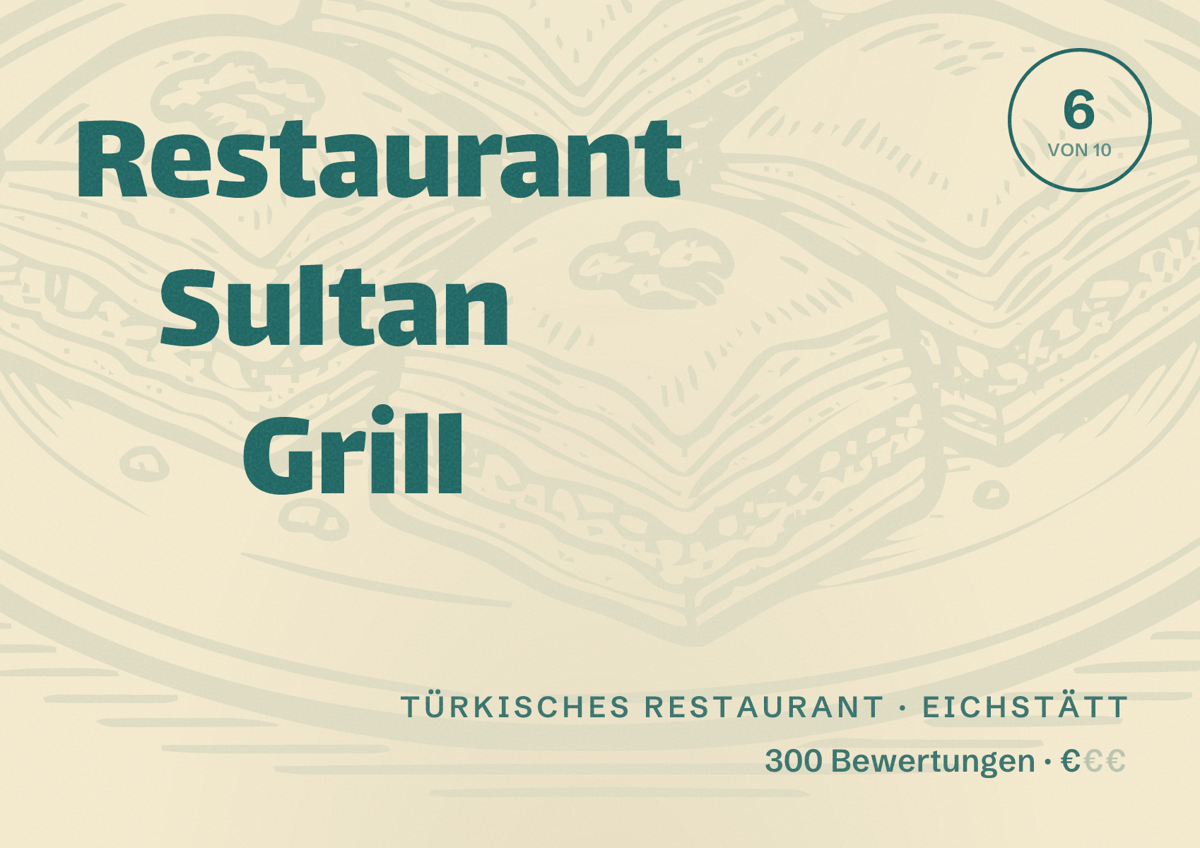 Illustriertes Poster von Restaurant Sultan Grill, Türkisches Restaurant in Eichstätt: Bewertung 6 von 10 aus 300 Bewertungen, Preisniveau €