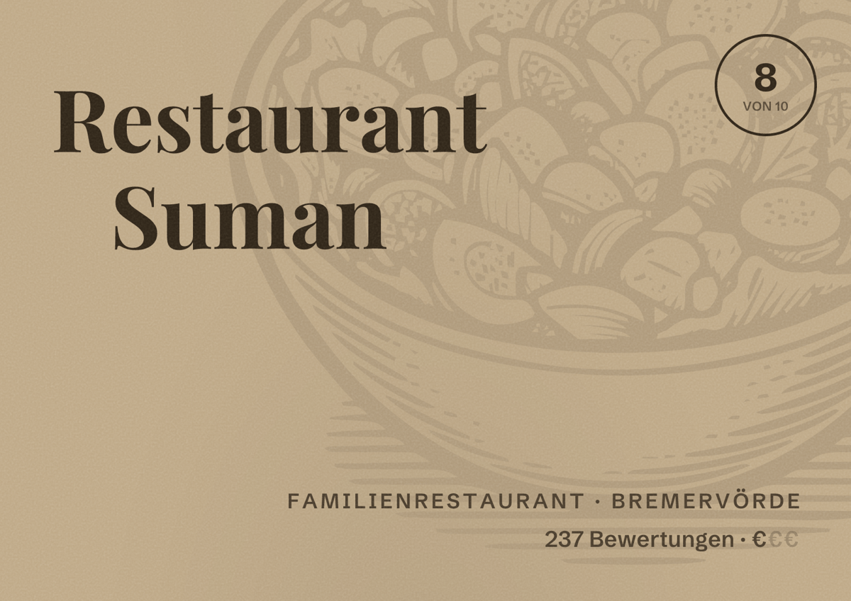 Illustriertes Poster von Restaurant Suman, Familienrestaurant in Bremervörde: Bewertung 8 von 10 aus 237 Bewertungen, Preisniveau €
