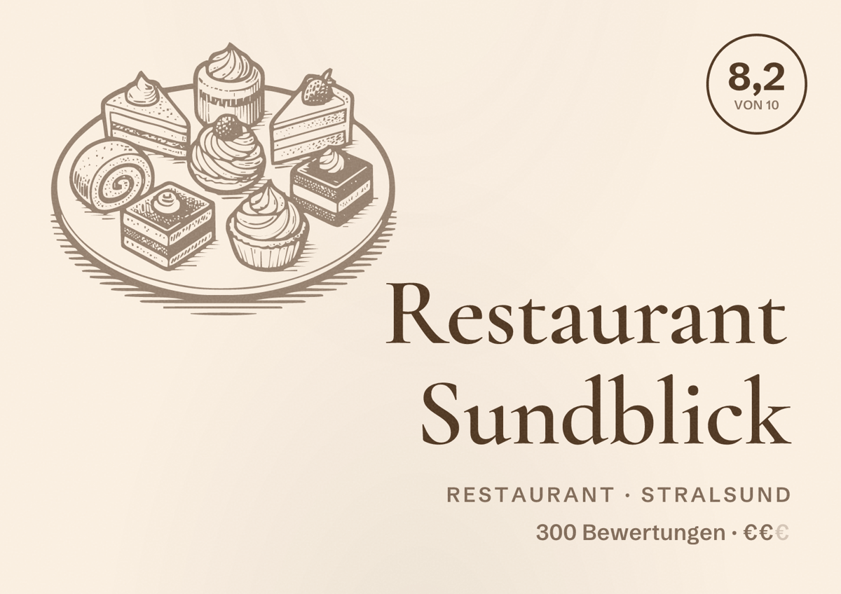 Illustriertes Poster von Restaurant Sundblick, Restaurant in Stralsund: Bewertung 8,2 von 10 aus 300 Bewertungen, Preisniveau €€