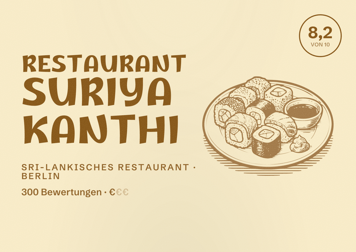 Illustriertes Poster von Restaurant Suriya Kanthi, Sri-Lankisches Restaurant in Berlin: Bewertung 8,2 von 10 aus 300 Bewertungen, Preisniveau €
