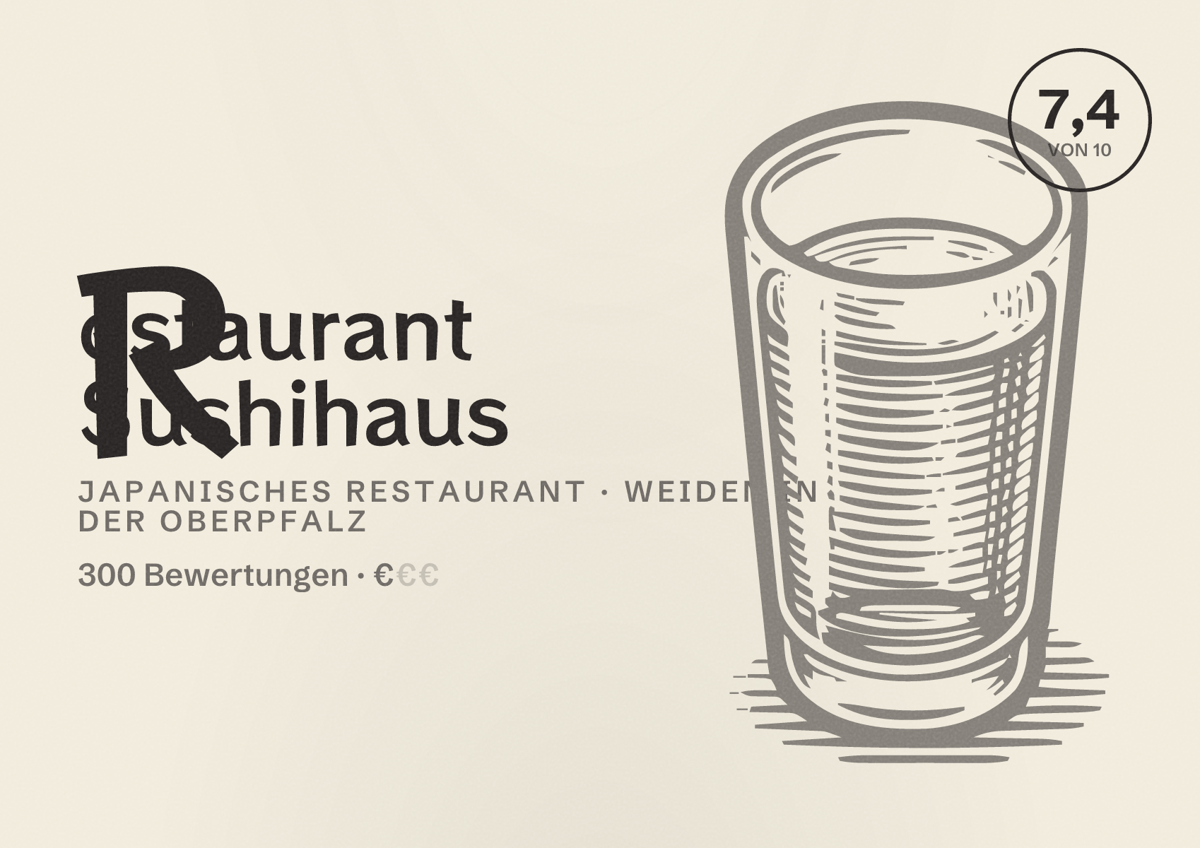 Illustriertes Poster von Restaurant Sushihaus, Japanisches Restaurant in Weiden in der Oberpfalz: Bewertung 7,4 von 10 aus 300 Bewertungen, Preisniveau €