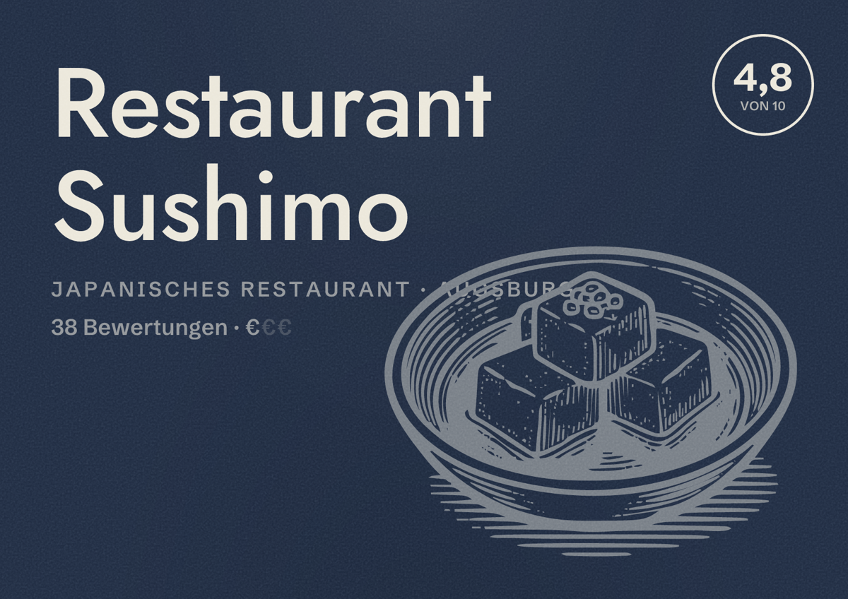 Illustriertes Poster von Restaurant Sushimo, Japanisches Restaurant in Augsburg: Bewertung 4,8 von 10 aus 38 Bewertungen, Preisniveau €