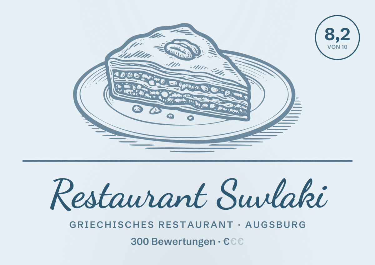 Illustriertes Poster von Restaurant Suvlaki, Griechisches Restaurant in Augsburg: Bewertung 8,2 von 10 aus 300 Bewertungen, Preisniveau €