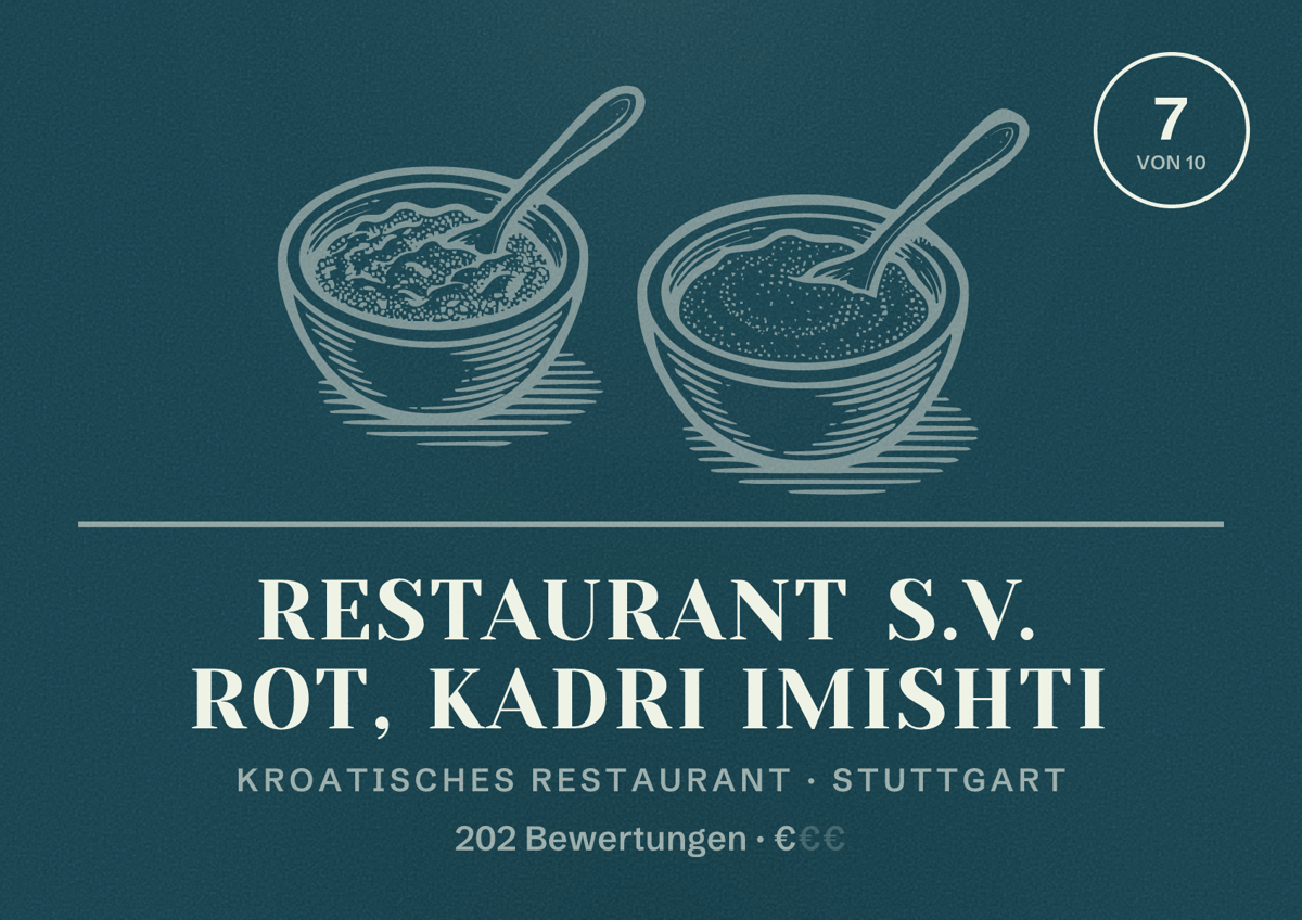 Illustriertes Poster von Restaurant S.V. Rot, Kadri Imishti, Kroatisches Restaurant in Stuttgart: Bewertung 7,0 von 10 aus 202 Bewertungen, Preisniveau €