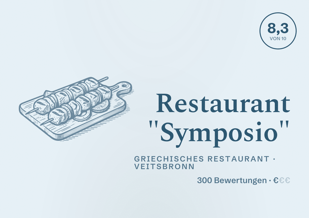 Illustriertes Poster von Restaurant "Symposio", Griechisches Restaurant in Veitsbronn: Bewertung 8,3 von 10 aus 300 Bewertungen, Preisniveau €