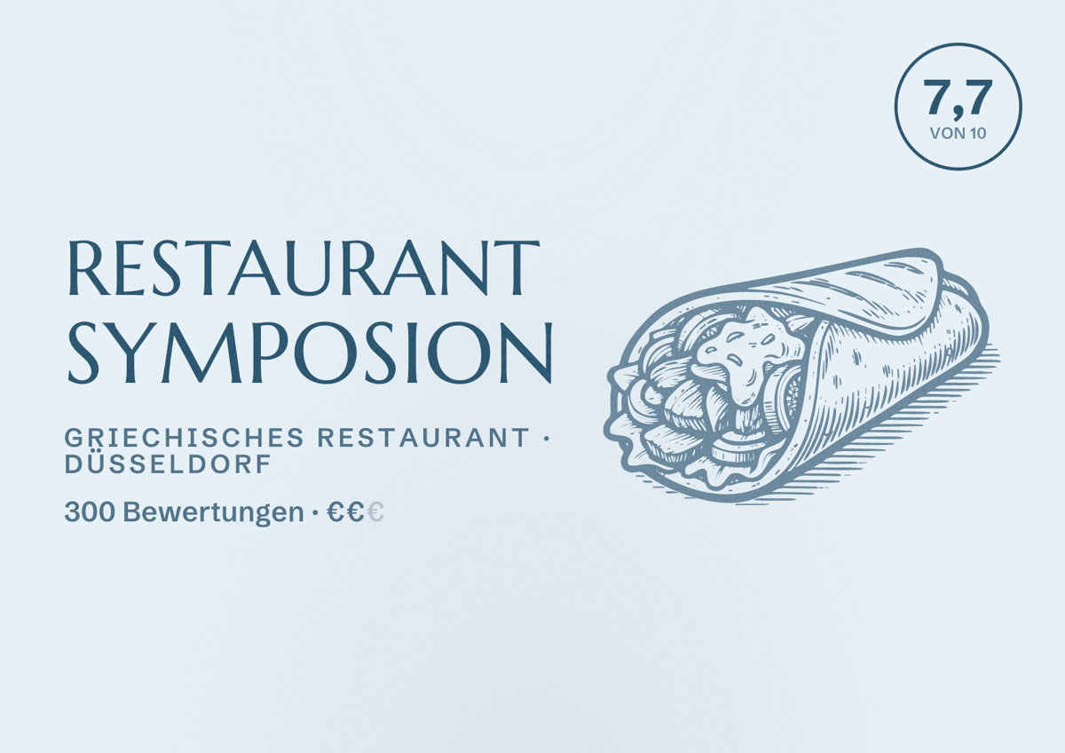 Illustriertes Poster von Restaurant Symposion, Griechisches Restaurant in Düsseldorf: Bewertung 7,7 von 10 aus 300 Bewertungen, Preisniveau €€
