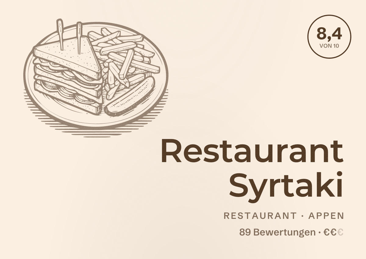 Illustriertes Poster von Restaurant Syrtaki, Restaurant in Appen: Bewertung 8,4 von 10 aus 89 Bewertungen, Preisniveau €€