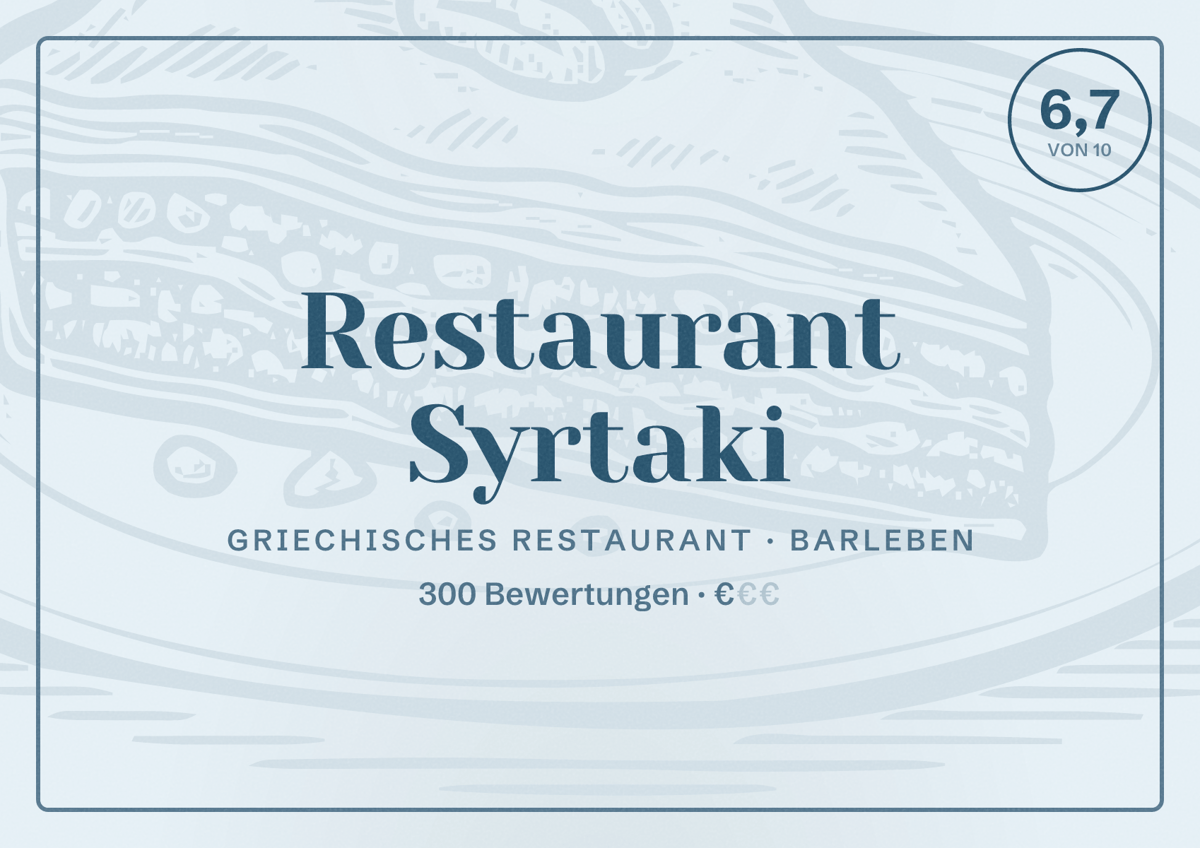 Illustriertes Poster von Restaurant Syrtaki, Griechisches Restaurant in Barleben: Bewertung 6,7 von 10 aus 300 Bewertungen, Preisniveau €