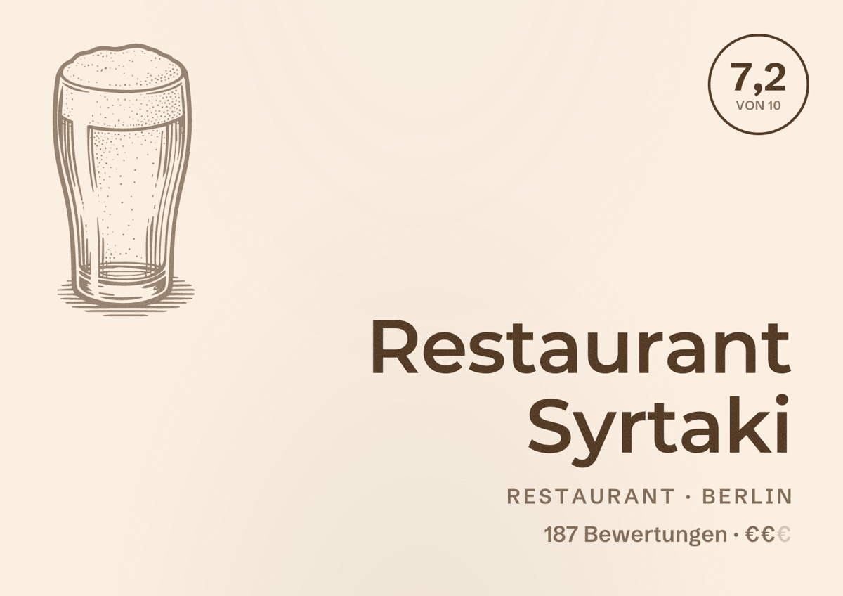 Illustriertes Poster von Restaurant Syrtaki, Restaurant in Berlin: Bewertung 7,2 von 10 aus 187 Bewertungen, Preisniveau €€