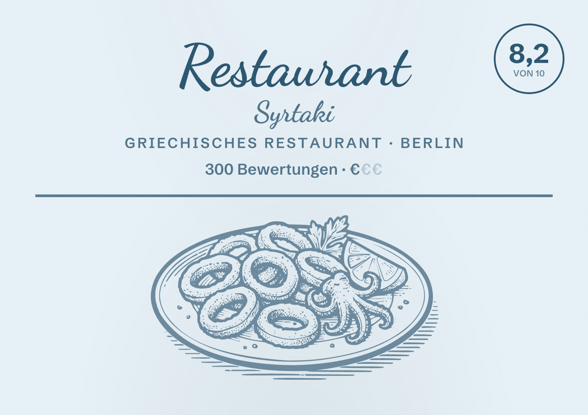 Illustriertes Poster von Restaurant Syrtaki, Griechisches Restaurant in Berlin: Bewertung 8,2 von 10 aus 300 Bewertungen, Preisniveau €