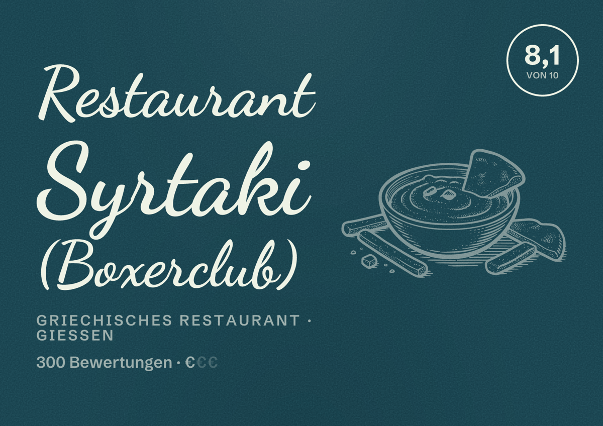 Illustriertes Poster von Restaurant Syrtaki (Boxerclub), Griechisches Restaurant in Gießen: Bewertung 8,1 von 10 aus 300 Bewertungen, Preisniveau €