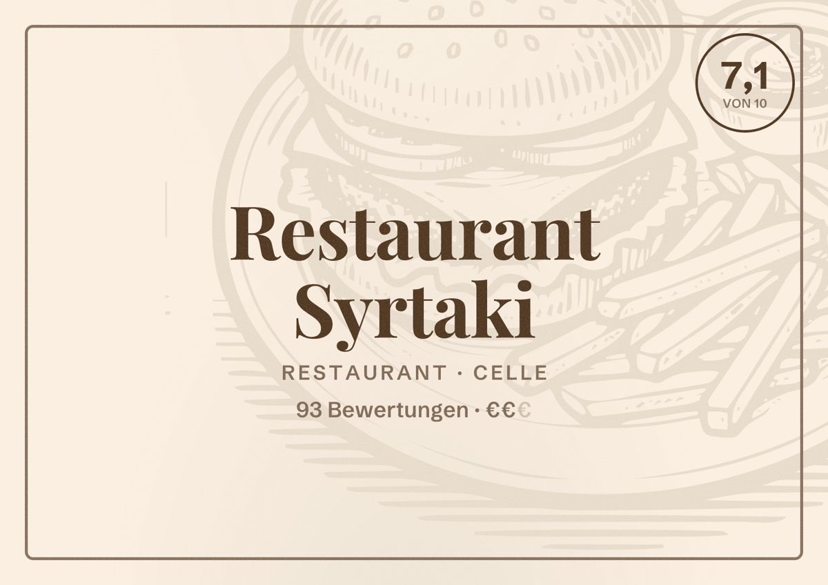 Illustriertes Poster von Restaurant Syrtaki, Restaurant in Celle: Bewertung 7,1 von 10 aus 93 Bewertungen, Preisniveau €€