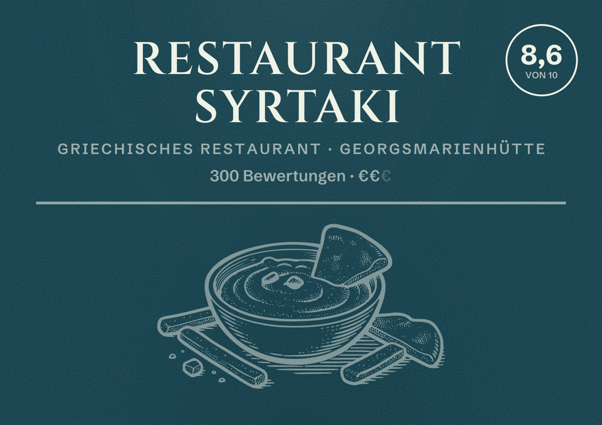 Illustriertes Poster von Restaurant Syrtaki, Griechisches Restaurant in Georgsmarienhütte: Bewertung 8,6 von 10 aus 300 Bewertungen, Preisniveau €€