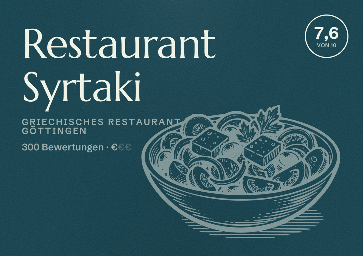 Illustriertes Poster von Restaurant Syrtaki, Griechisches Restaurant in Göttingen: Bewertung 7,6 von 10 aus 300 Bewertungen, Preisniveau €