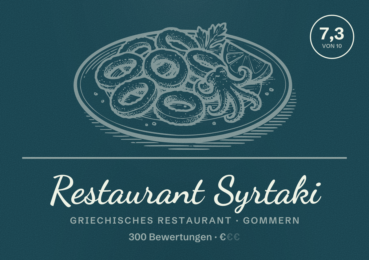 Illustriertes Poster von Restaurant Syrtaki, Griechisches Restaurant in Gommern: Bewertung 7,3 von 10 aus 300 Bewertungen, Preisniveau €