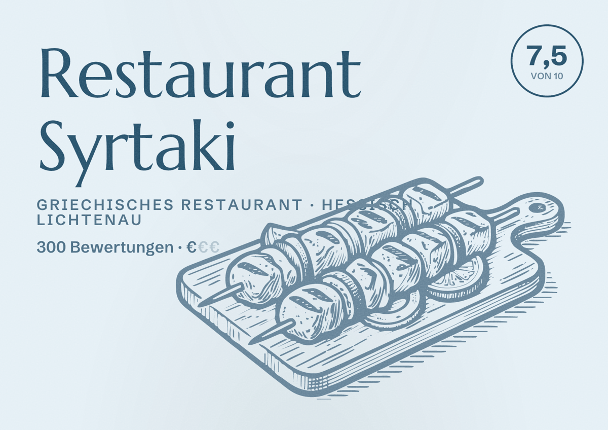 Illustriertes Poster von Restaurant Syrtaki, Griechisches Restaurant in Hessisch Lichtenau: Bewertung 7,5 von 10 aus 300 Bewertungen, Preisniveau €