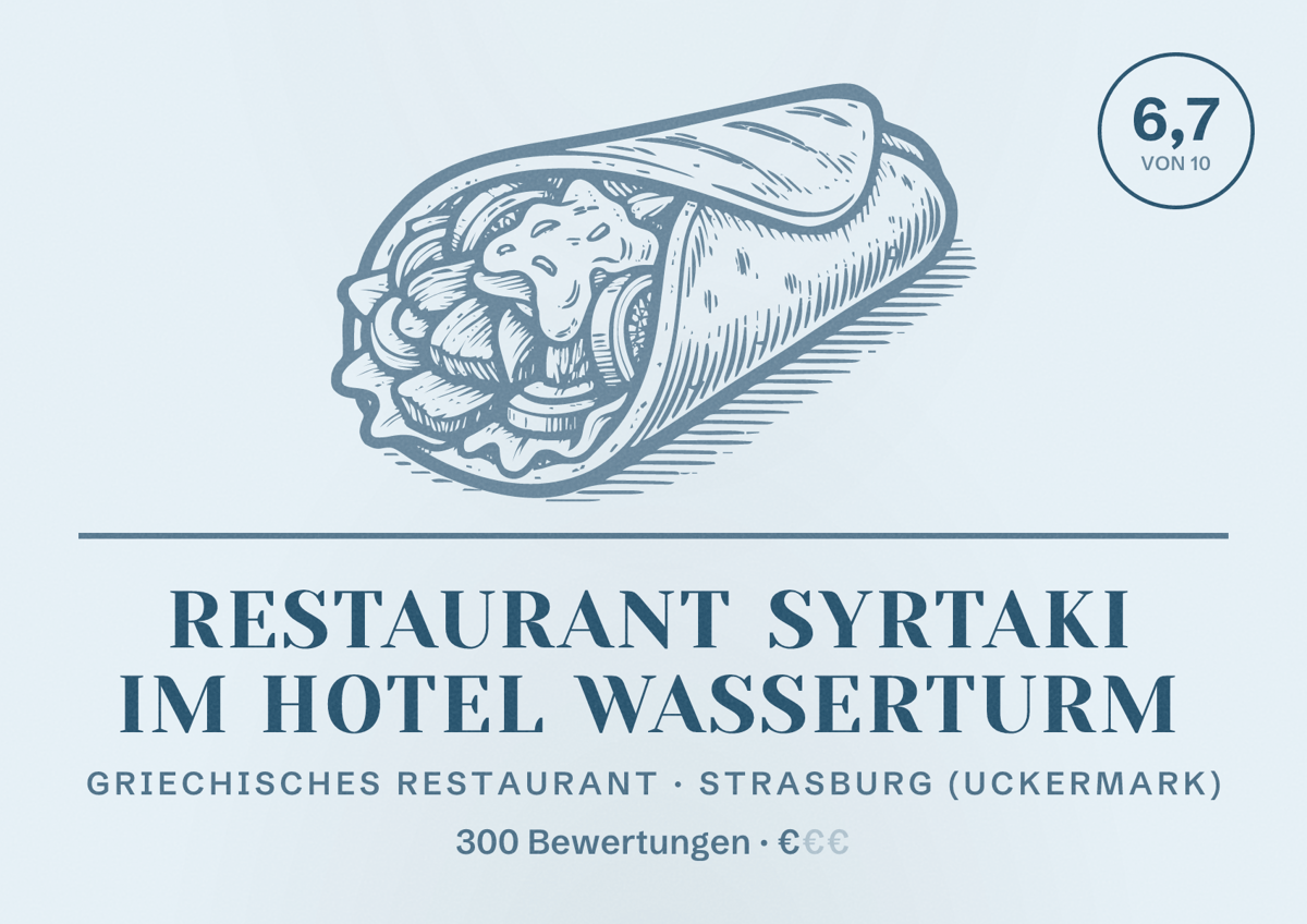 Illustriertes Poster von Restaurant Syrtaki im Hotel Wasserturm, Griechisches Restaurant in Strasburg (Uckermark): Bewertung 6,7 von 10 aus 300 Bewertungen, Preisniveau €