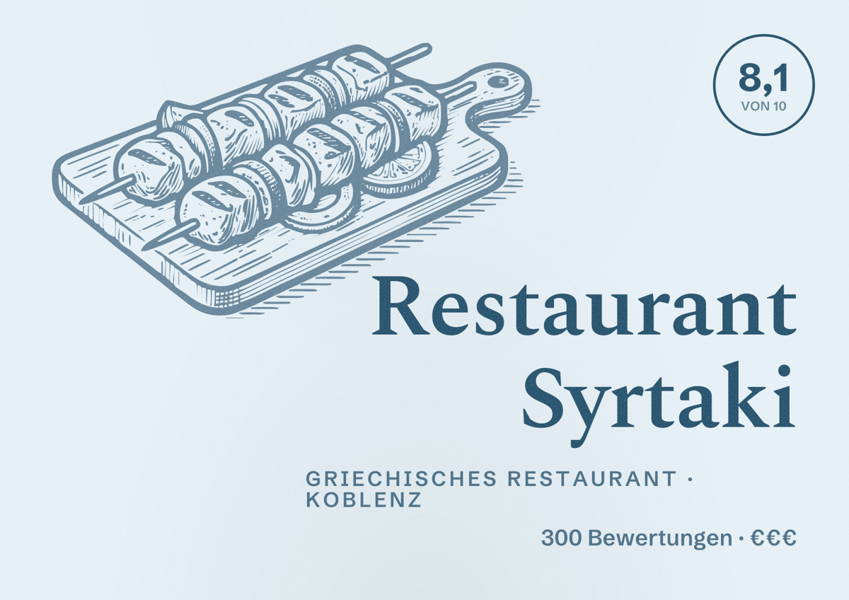 Illustriertes Poster von Restaurant Syrtaki, Griechisches Restaurant in Koblenz: Bewertung 8,1 von 10 aus 300 Bewertungen, Preisniveau €€€