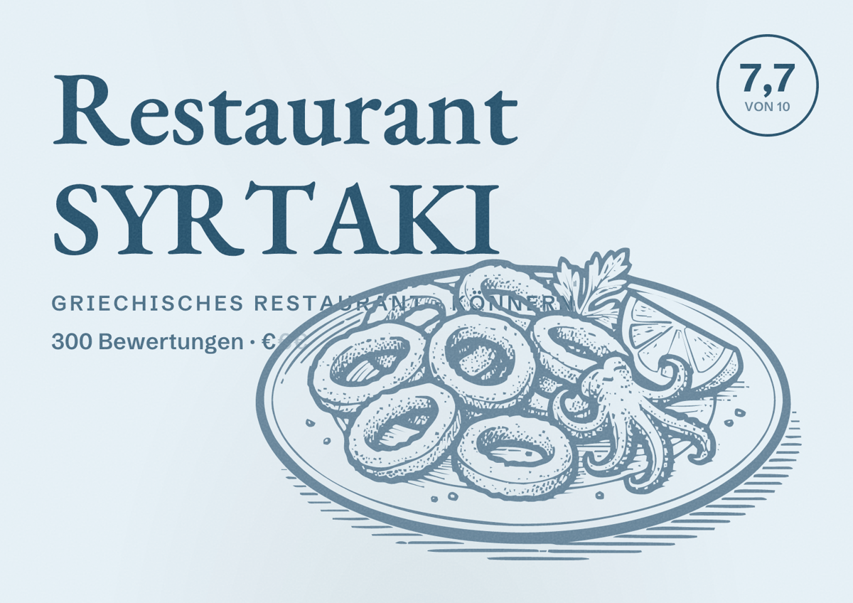 Illustriertes Poster von Restaurant SYRTAKI, Griechisches Restaurant in Könnern: Bewertung 7,7 von 10 aus 300 Bewertungen, Preisniveau €