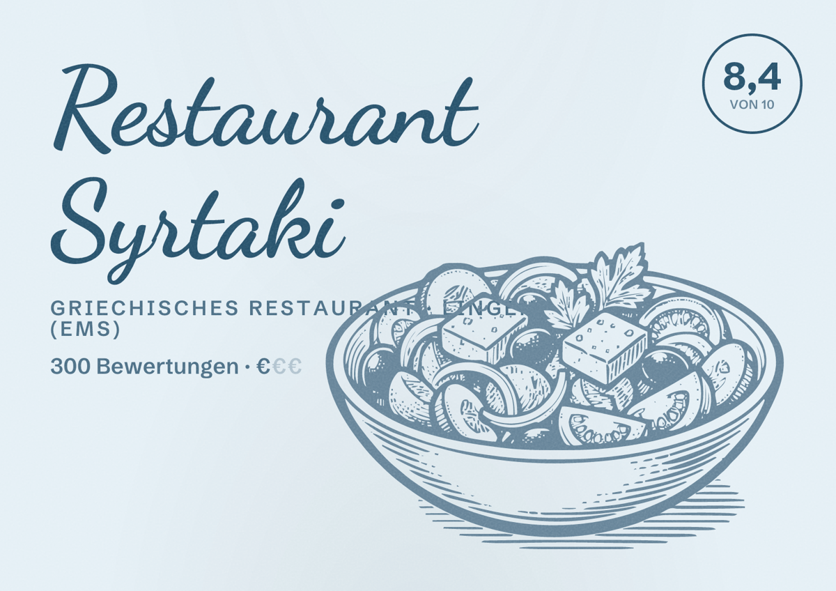 Illustriertes Poster von Restaurant Syrtaki, Griechisches Restaurant in Lingen (Ems): Bewertung 8,4 von 10 aus 300 Bewertungen, Preisniveau €