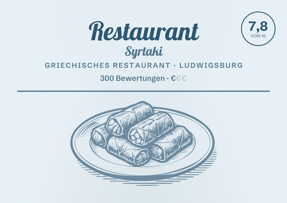 Illustriertes Poster von Restaurant Syrtaki, Griechisches Restaurant in Ludwigsburg: Bewertung 7,8 von 10 aus 300 Bewertungen, Preisniveau €