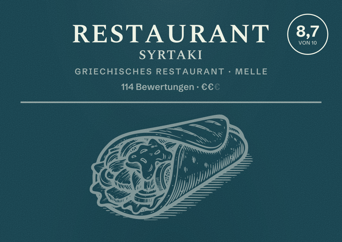 Illustriertes Poster von Restaurant Syrtaki, Griechisches Restaurant in Melle: Bewertung 8,7 von 10 aus 114 Bewertungen, Preisniveau €€