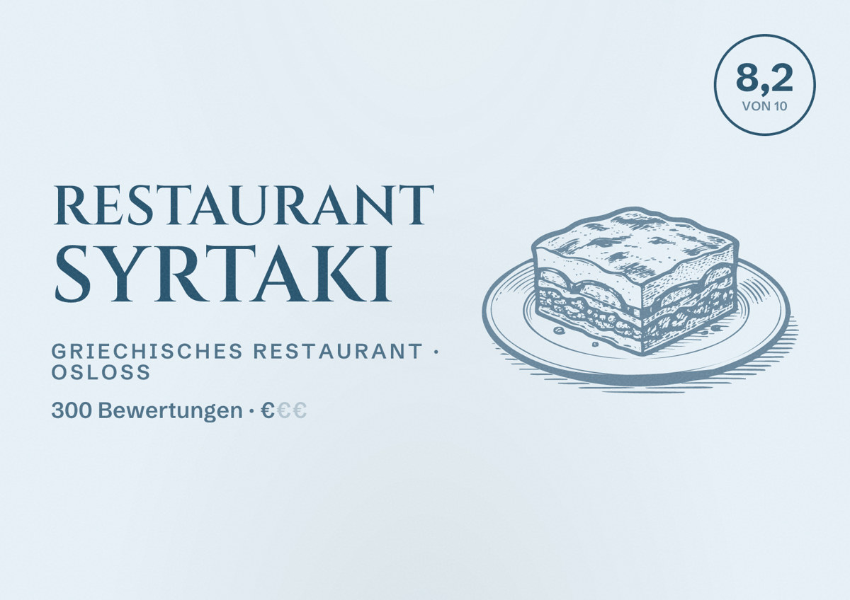 Illustriertes Poster von Restaurant Syrtaki, Griechisches Restaurant in Osloß: Bewertung 8,2 von 10 aus 300 Bewertungen, Preisniveau €