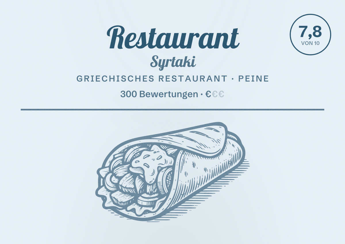 Illustriertes Poster von Restaurant Syrtaki, Griechisches Restaurant in Peine: Bewertung 7,8 von 10 aus 300 Bewertungen, Preisniveau €