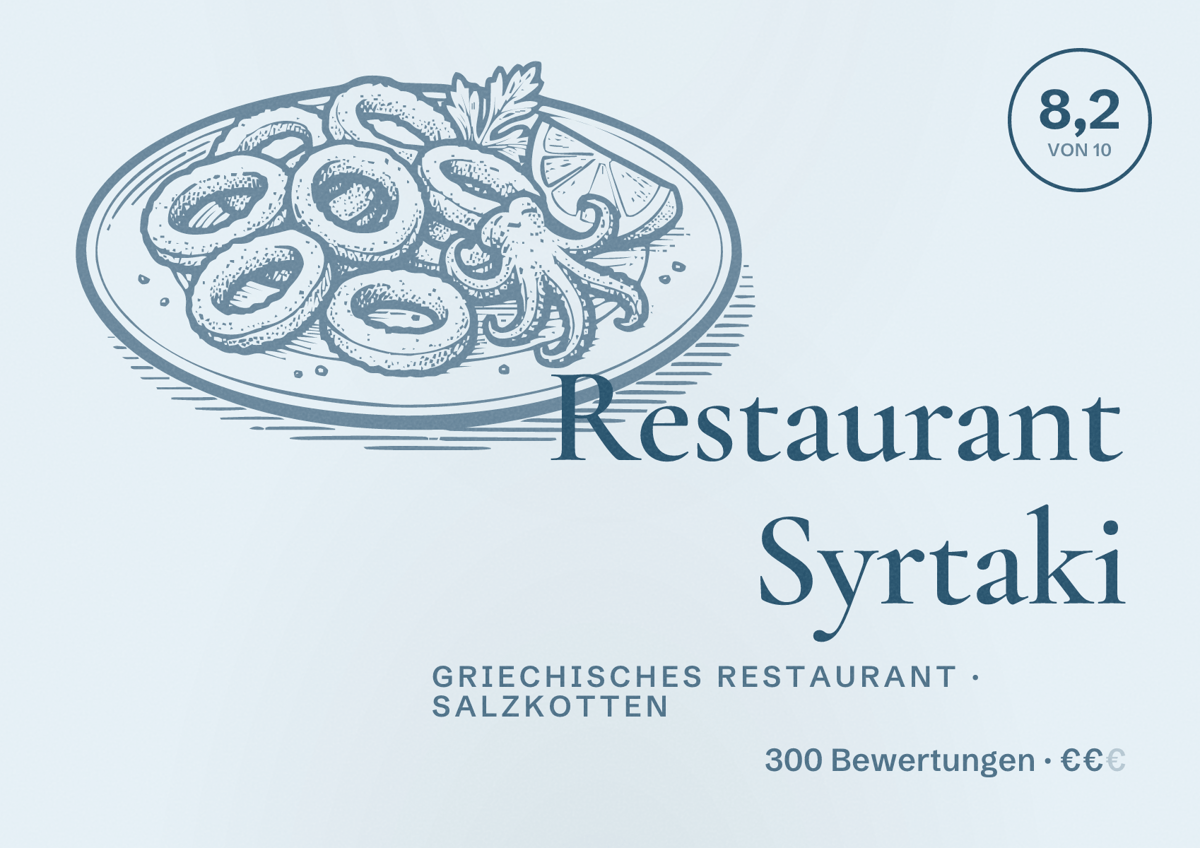 Illustriertes Poster von Restaurant Syrtaki, Griechisches Restaurant in Salzkotten: Bewertung 8,2 von 10 aus 300 Bewertungen, Preisniveau €€