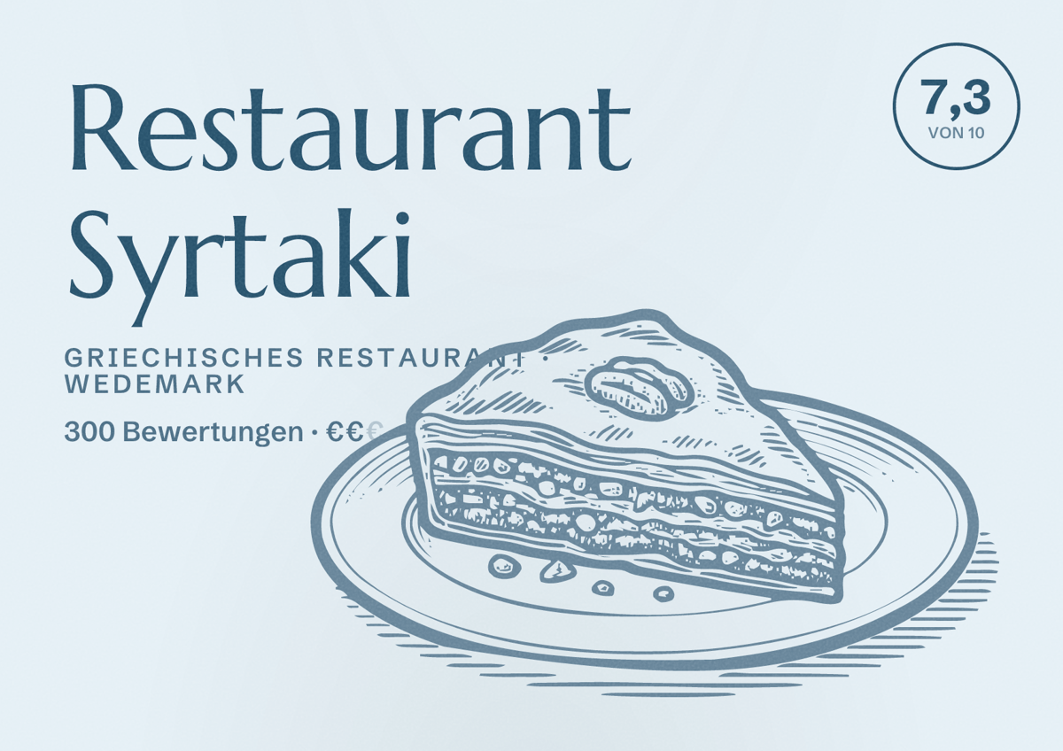 Illustriertes Poster von Restaurant Syrtaki, Griechisches Restaurant in Wedemark: Bewertung 7,3 von 10 aus 300 Bewertungen, Preisniveau €€
