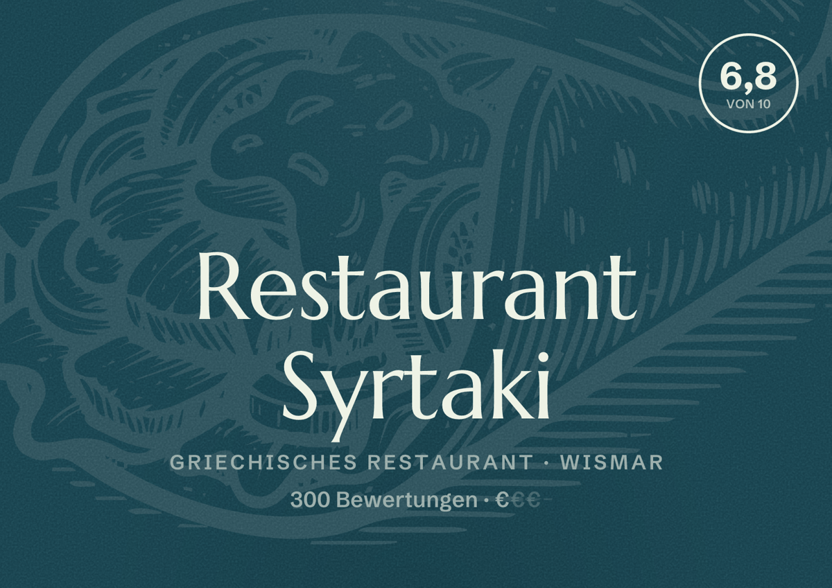 Illustriertes Poster von Restaurant Syrtaki, Griechisches Restaurant in Wismar: Bewertung 6,8 von 10 aus 300 Bewertungen, Preisniveau €