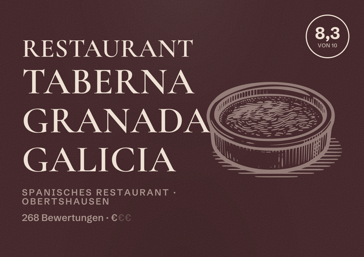 Illustriertes Poster von Restaurant Taberna Granada Galicia, Spanisches Restaurant in Obertshausen: Bewertung 8,3 von 10 aus 268 Bewertungen, Preisniveau €