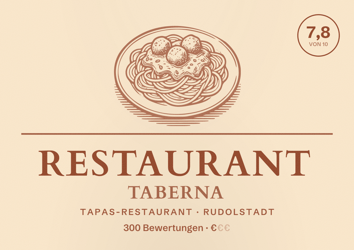 Illustriertes Poster von Restaurant Taberna, Tapas-Restaurant in Rudolstadt: Bewertung 7,8 von 10 aus 300 Bewertungen, Preisniveau €