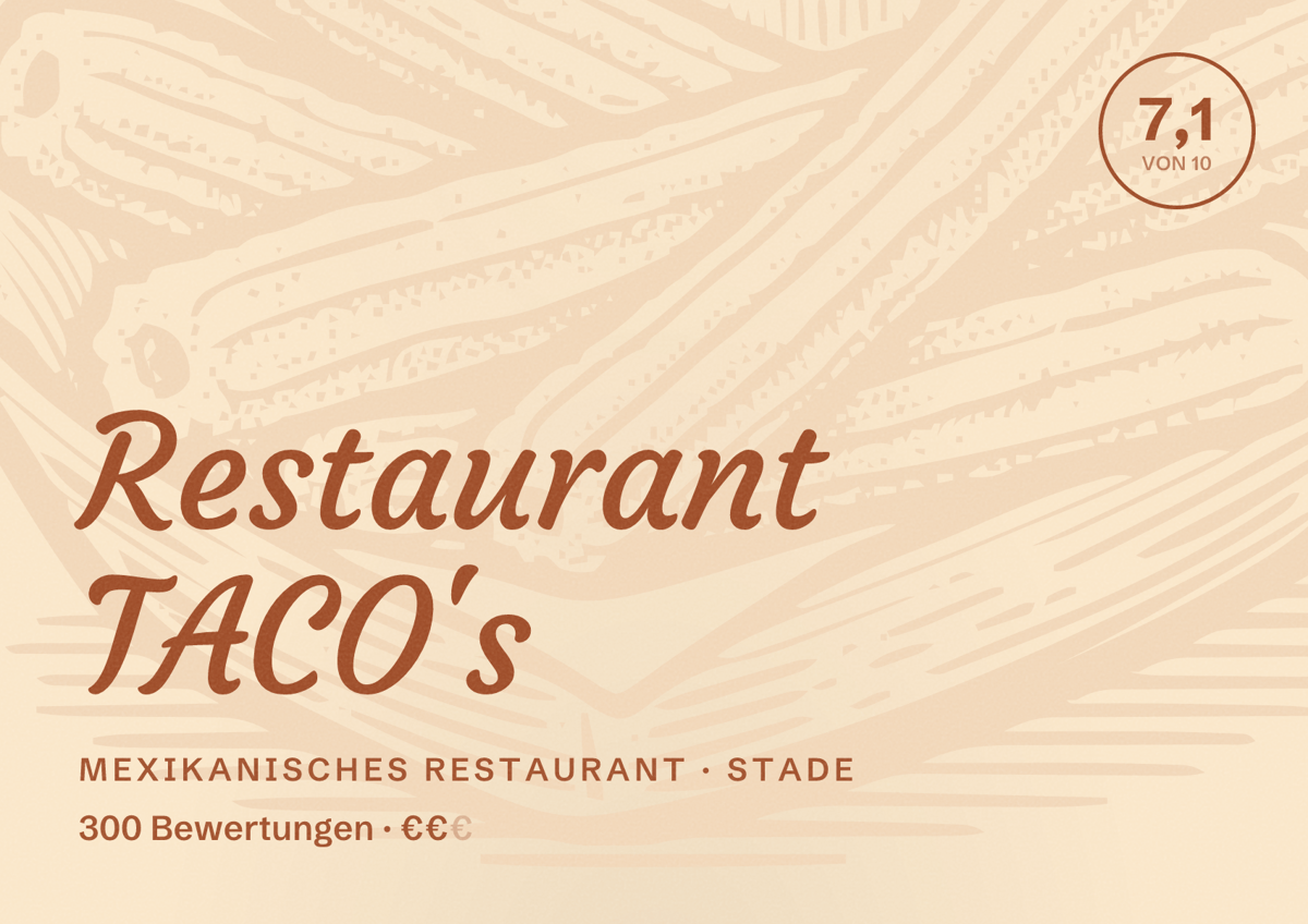 Illustriertes Poster von Restaurant TACO's, Mexikanisches Restaurant in Stade: Bewertung 7,1 von 10 aus 300 Bewertungen, Preisniveau €€