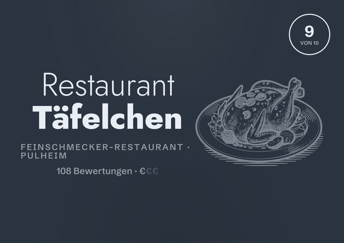 Illustriertes Poster von Restaurant Täfelchen, Feinschmecker-Restaurant in Pulheim: Bewertung 9 von 10 aus 108 Bewertungen, Preisniveau €