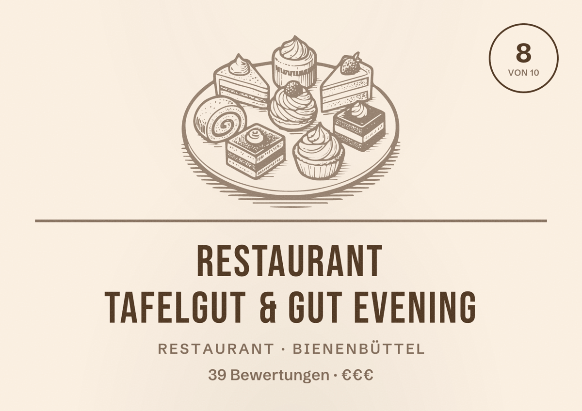 Illustriertes Poster von Restaurant TafelGUT & GUT Evening, Restaurant in Bienenbüttel: Bewertung 8 von 10 aus 39 Bewertungen, Preisniveau €€€