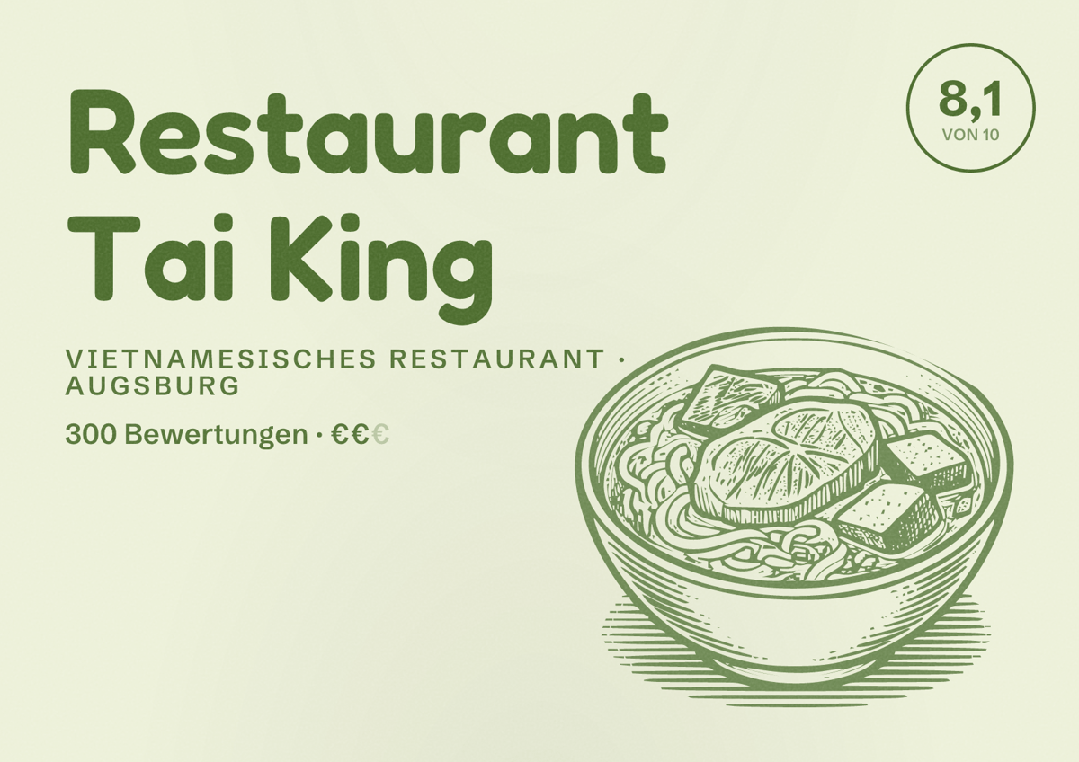 Illustriertes Poster von Restaurant Tai King, Vietnamesisches Restaurant in Augsburg: Bewertung 8,1 von 10 aus 300 Bewertungen, Preisniveau €€