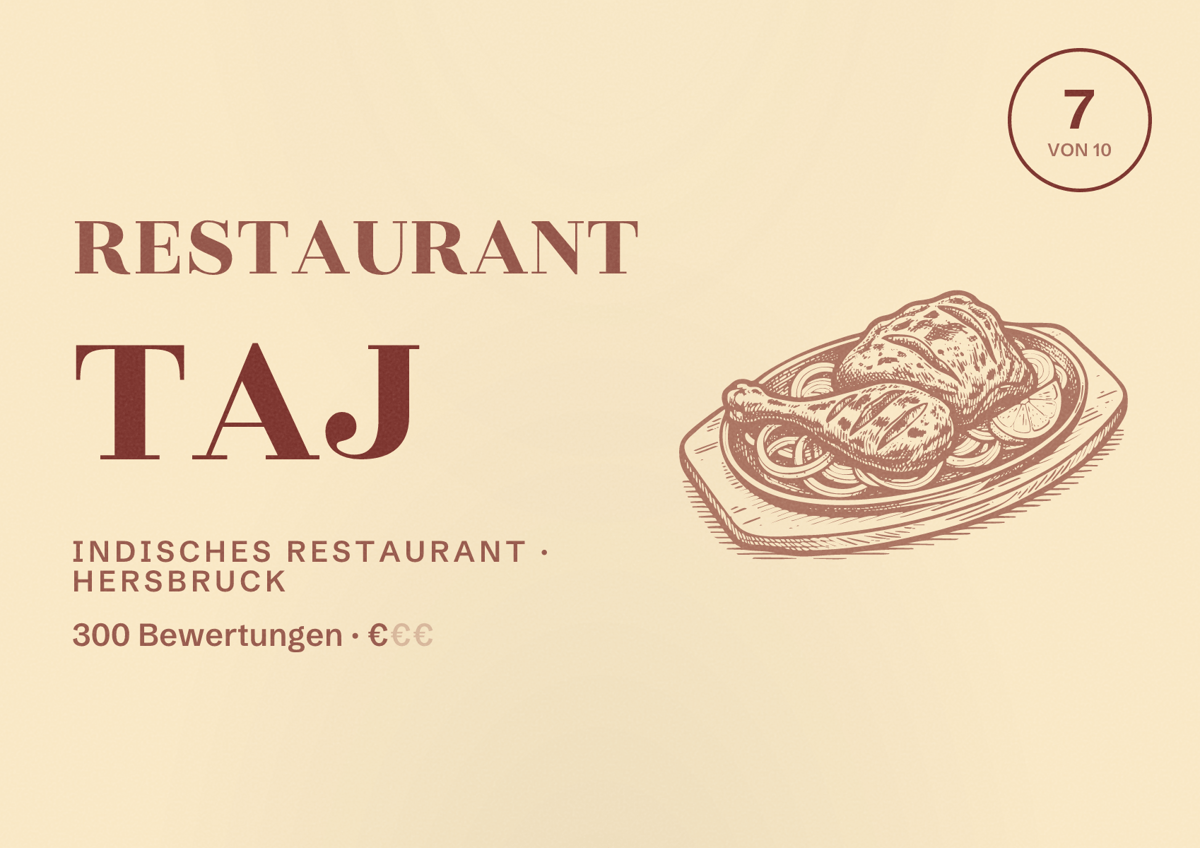 Illustriertes Poster von Restaurant Taj, Indisches Restaurant in Hersbruck: Bewertung 7 von 10 aus 300 Bewertungen, Preisniveau €