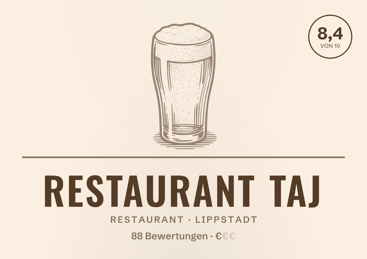 Illustriertes Poster von Restaurant Taj, Restaurant in Lippstadt: Bewertung 8,4 von 10 aus 88 Bewertungen, Preisniveau €