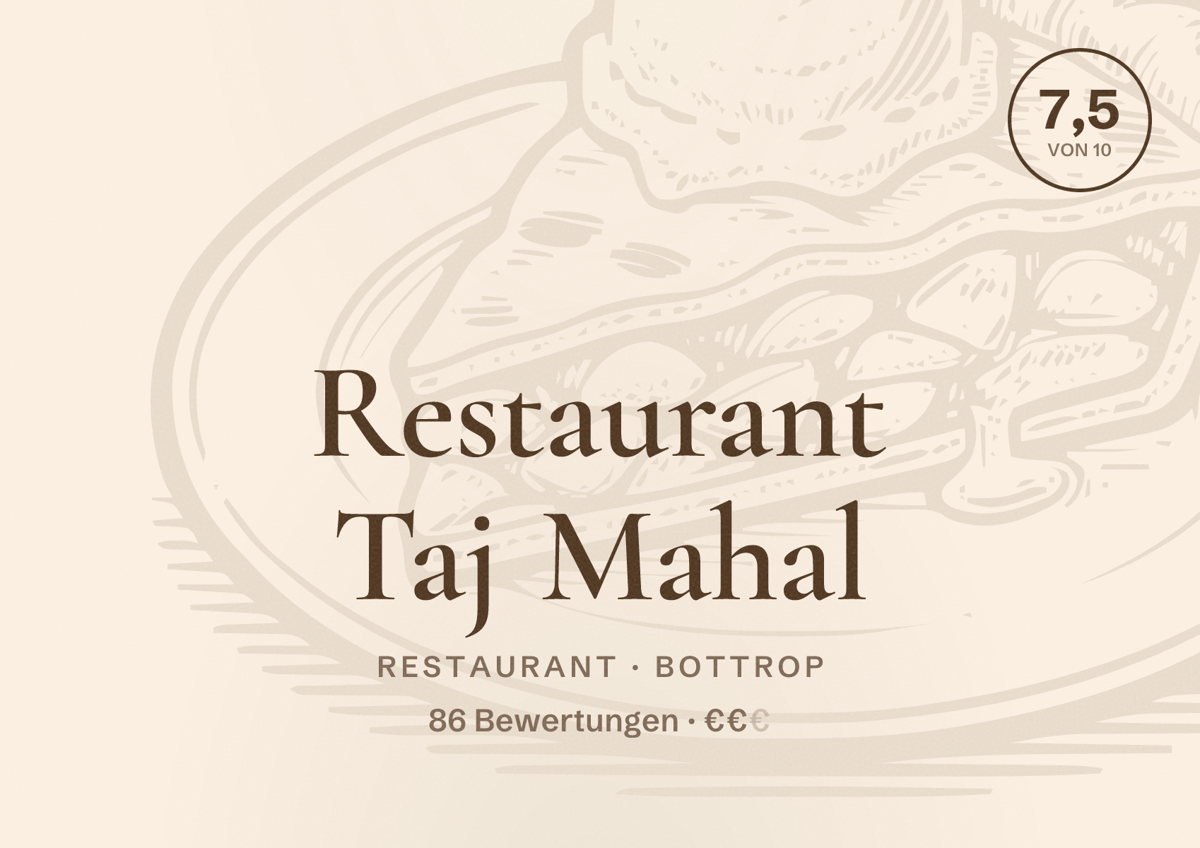 Illustriertes Poster von Restaurant Taj Mahal, Restaurant in Bottrop: Bewertung 7,5 von 10 aus 86 Bewertungen, Preisniveau €€