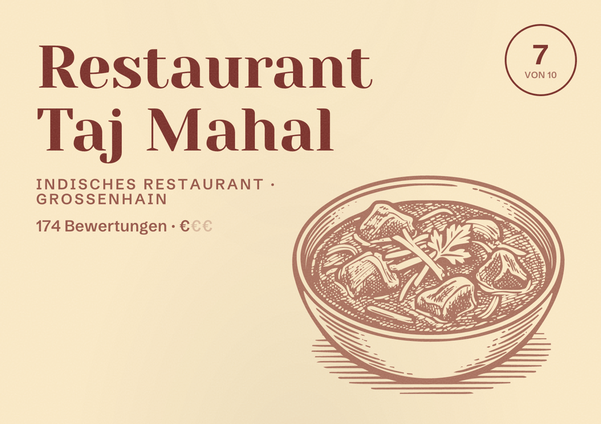 Illustriertes Poster von Restaurant Taj Mahal, Indisches Restaurant in Großenhain: Bewertung 7 von 10 aus 174 Bewertungen, Preisniveau €