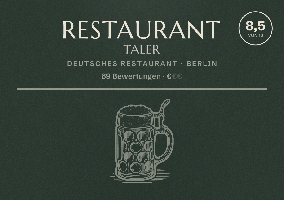 Illustriertes Poster von Restaurant Taler, Deutsches Restaurant in Berlin: Bewertung 8,5 von 10 aus 69 Bewertungen, Preisniveau €
