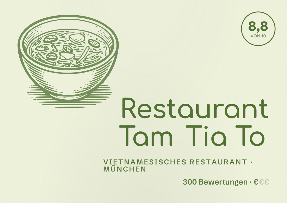 Illustriertes Poster von Restaurant Tam Tia To, Vietnamesisches Restaurant in München: Bewertung 8,8 von 10 aus 300 Bewertungen, Preisniveau €