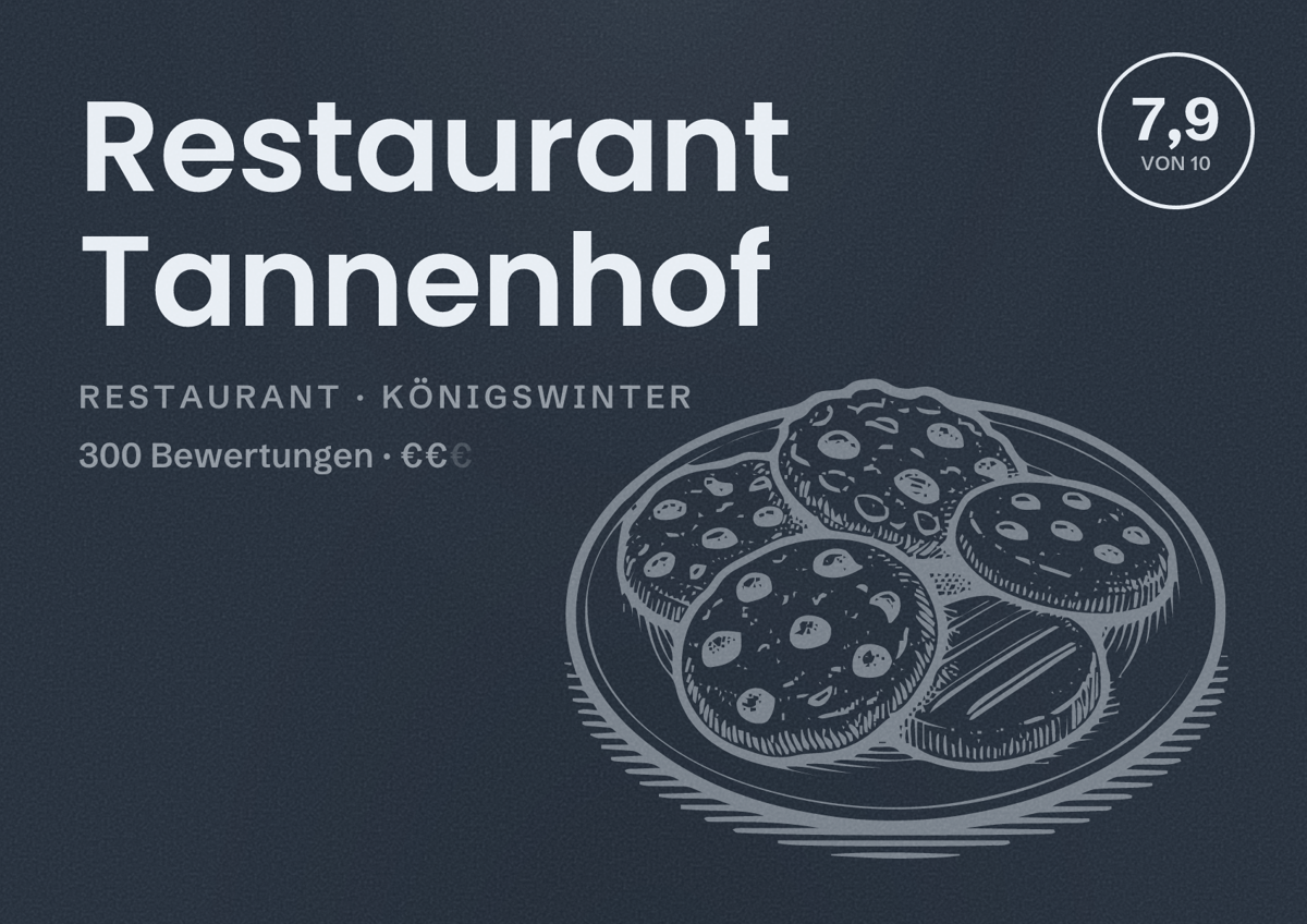 Illustriertes Poster von Restaurant Tannenhof, Restaurant in Königswinter: Bewertung 7,9 von 10 aus 300 Bewertungen, Preisniveau €€