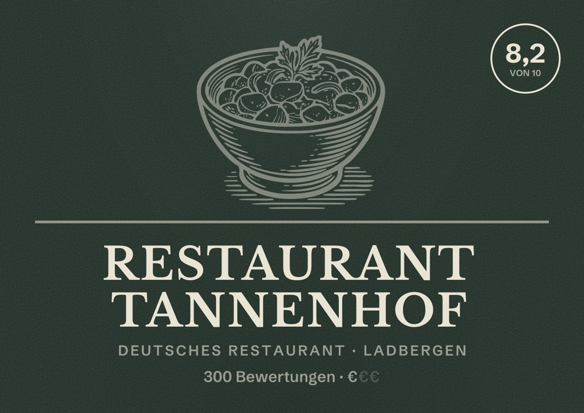 Illustriertes Poster von Restaurant Tannenhof, Deutsches Restaurant in Ladbergen: Bewertung 8,2 von 10 aus 300 Bewertungen, Preisniveau €