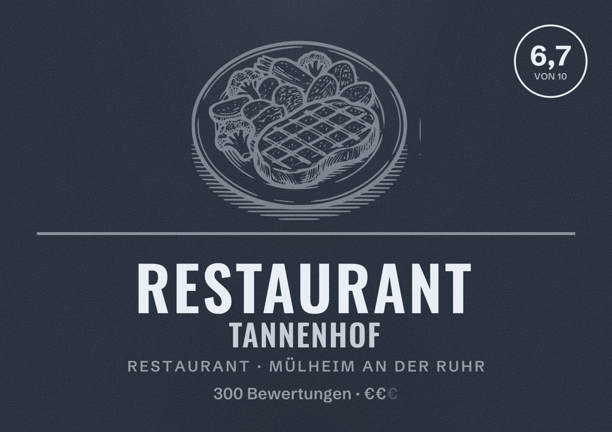 Illustriertes Poster von Restaurant Tannenhof, Restaurant in Mülheim an der Ruhr: Bewertung 6,7 von 10 aus 300 Bewertungen, Preisniveau €€
